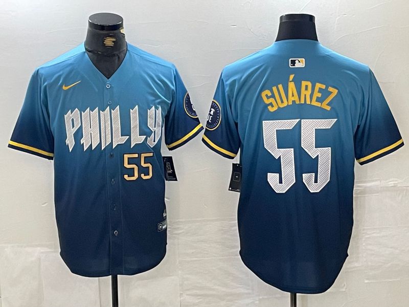 Men Philadelphia Phillies 55 Suarez Blue City Edition Nike 2024 MLB Jersey style 1